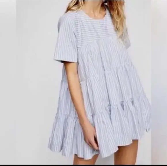 Free People Blue Stripe Babydoll Mini Dress Tiered Short Sleeve Size M NWT - Picture 1 of 8